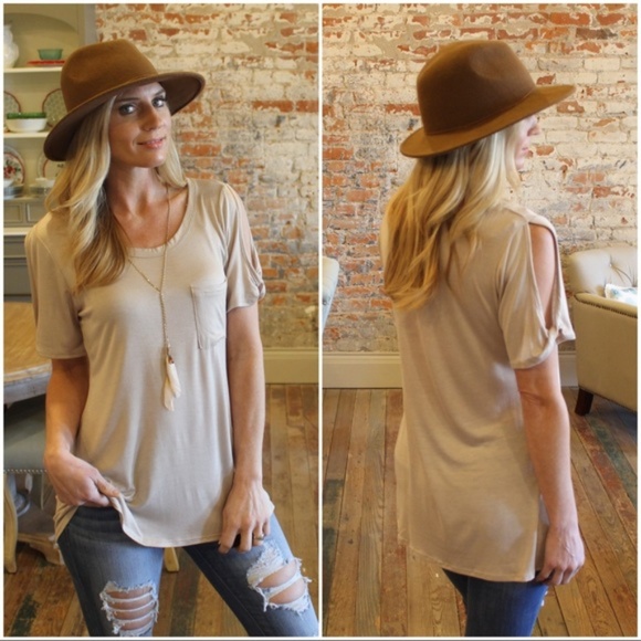 Infinity Raine Tops - LAST ONE! Taupe Open Sleeve Pocket Tee